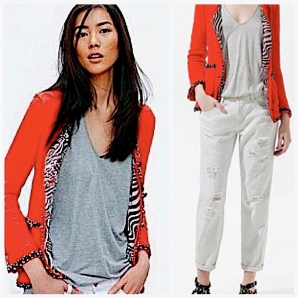 Zara Jackets & Blazers - Zara Red/Orange Boucle Tweed Jacket with Zebra Print Lining